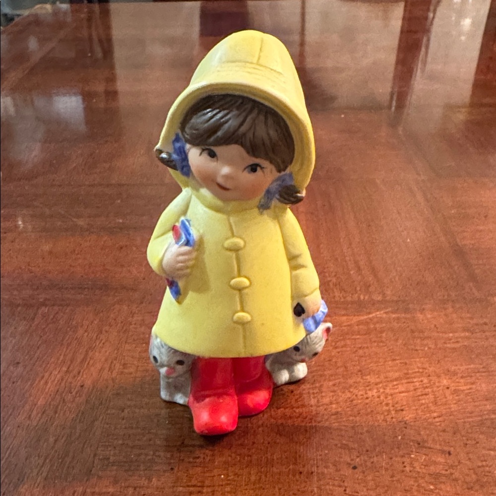 Porcelain Girl in Yellow Raincoat with 2 Kittens Figurine by Jasco